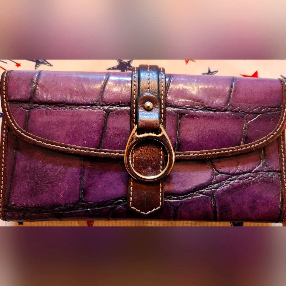 Dooney & Bourke Purple Croc-Embossed Leather Continental Wallet with Brown Trim